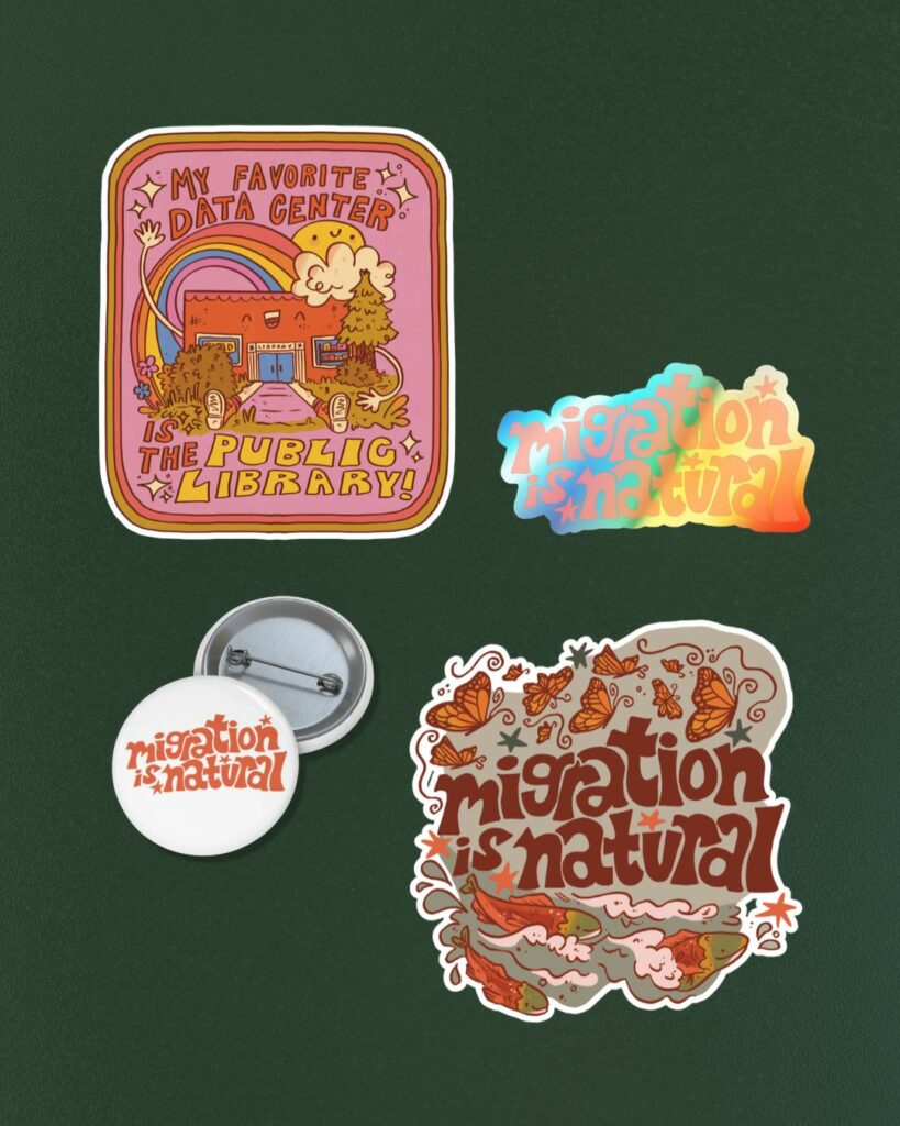 stickers and pins available in the shop